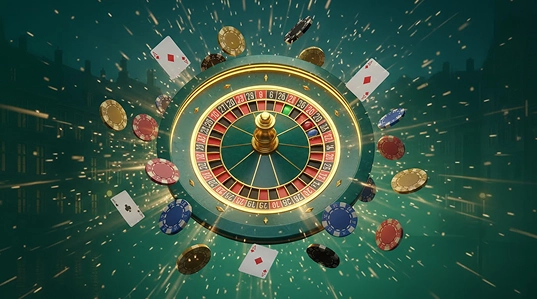 TrueLuck | TrueLuck roulettewiel met fiches en kaarten in een groen casino thema