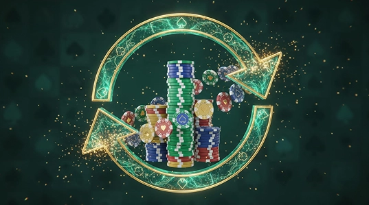 TrueLuck | TrueLuck casino fiches met herlaadpijlen in een glanzend groen en gouden portaal